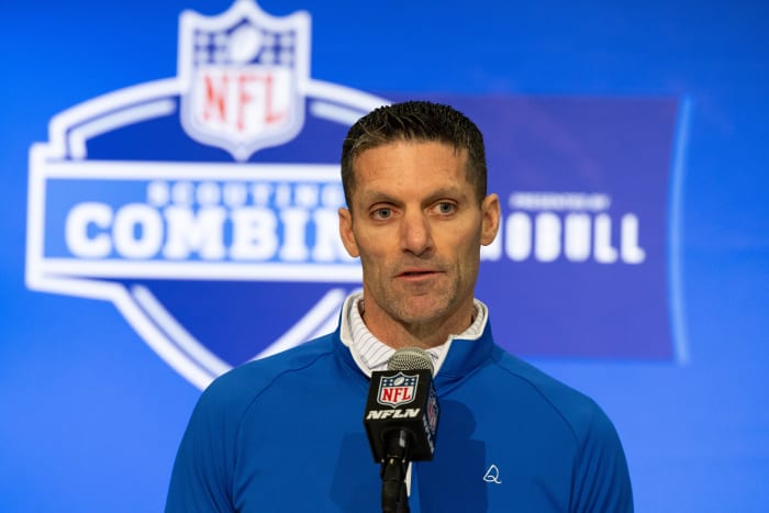 Texans general manager Nick Caserio talks to the media at the 2024 NFL Combine at Indiana Convention Center.